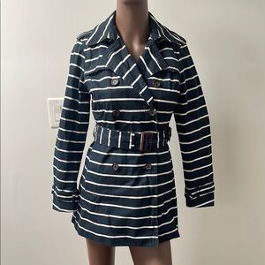 Banana Republic Trench Coat Rain Jacket Striped Navy White Fitted Belt Cotton XS